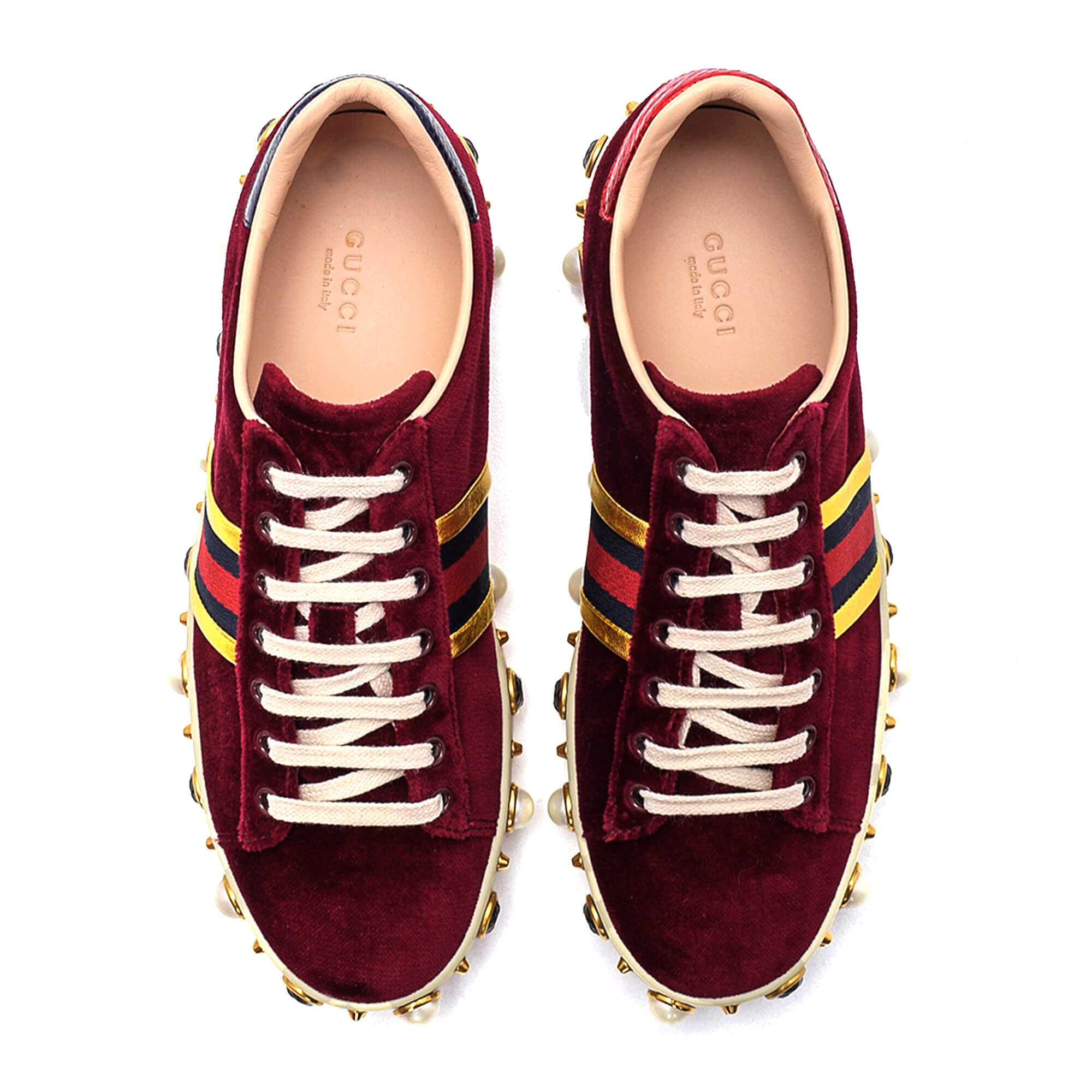 Gucci - Bordeaux New Ace Faux Pearl Embellished Velvet Trainer Sneakers